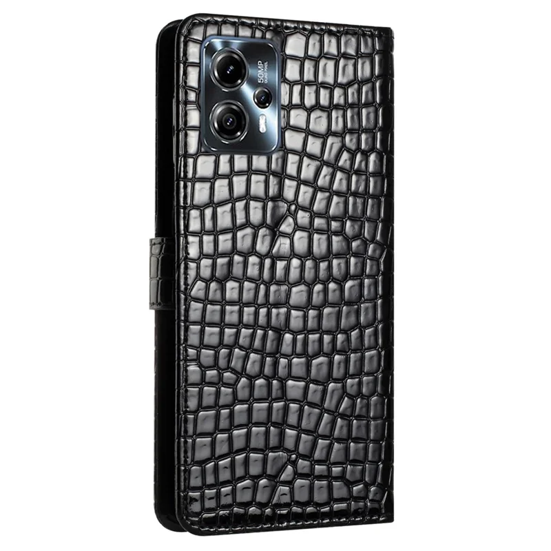 غطاء جلد بتصميم تمساح مع حامل ووظيفة محفظة لهاتف Motorola Moto G13 4G مقاوم للسقوط مع حزام - أسود