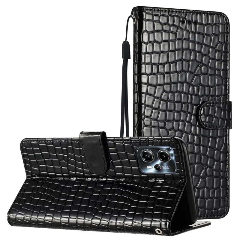 غطاء جلد بتصميم تمساح مع حامل ووظيفة محفظة لهاتف Motorola Moto G13 4G مقاوم للسقوط مع حزام - أسود