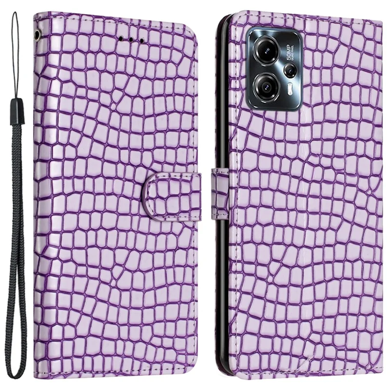 For Motorola Moto G13 4G Fall-proof Crocodile Texture Stand Function Leather Cover Wallet Phone Case with Strap - Purple