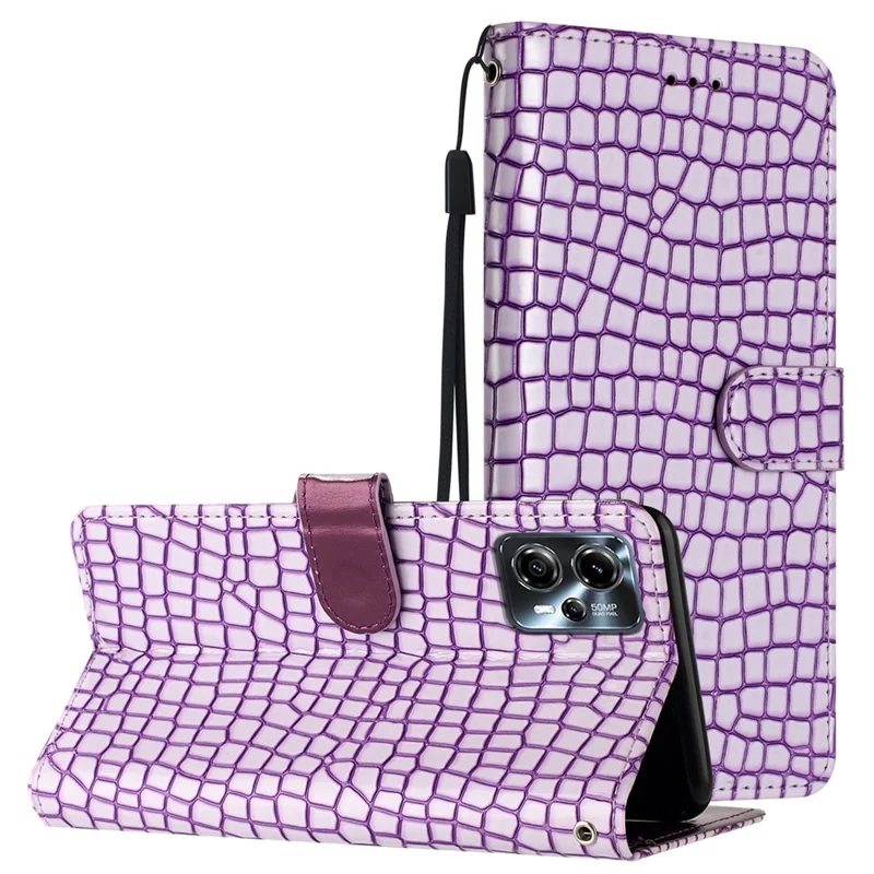 For Motorola Moto G13 4G Fall-proof Crocodile Texture Stand Function Leather Cover Wallet Phone Case with Strap - Purple