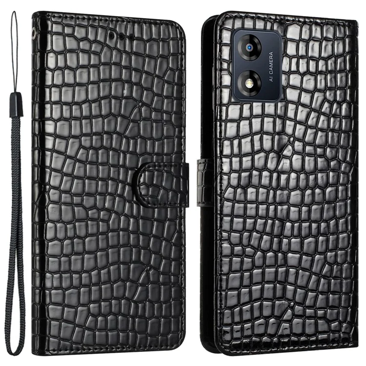 Pour Motorola Moto E13 4G Anti-drop Crocodile Texture Stand Leather Cover Wallet Design Phone Case with Strap - Black
