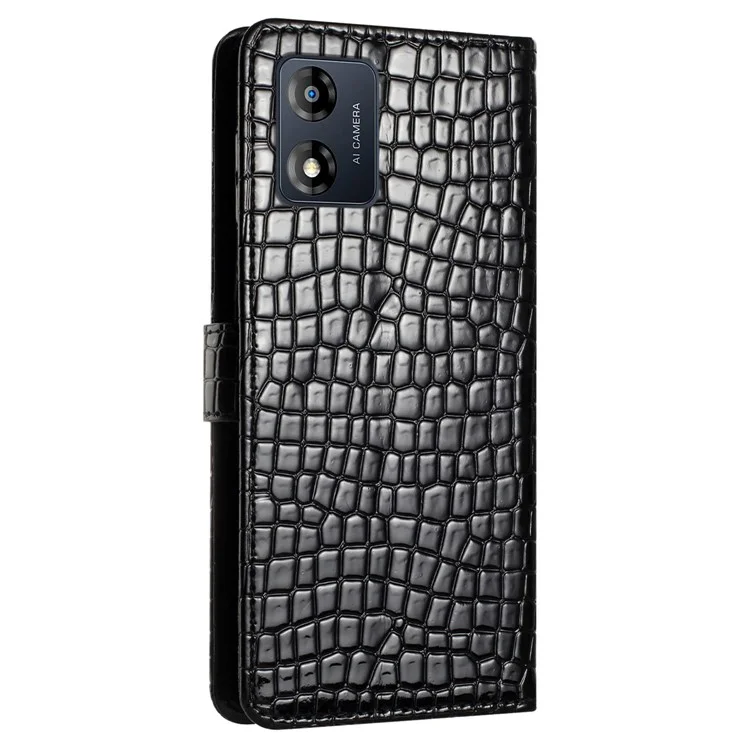 Pour Motorola Moto E13 4G Anti-drop Crocodile Texture Stand Leather Cover Wallet Design Phone Case with Strap - Black