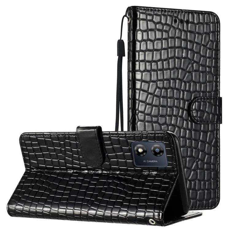 Pour Motorola Moto E13 4G Anti-drop Crocodile Texture Stand Leather Cover Wallet Design Phone Case with Strap - Black