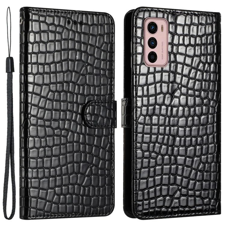 Para Motorola Moto G42 4G Capa de Couro com Textura de Crocodilo e Alça - Preta