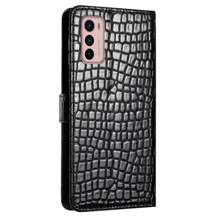 Para Motorola Moto G42 4G Capa de Couro com Textura de Crocodilo e Alça - Preta