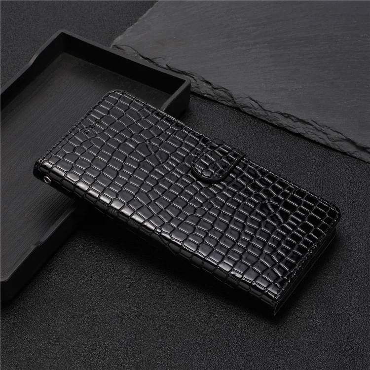 Para Motorola Moto G42 4G Capa de Couro com Textura de Crocodilo e Alça - Preta