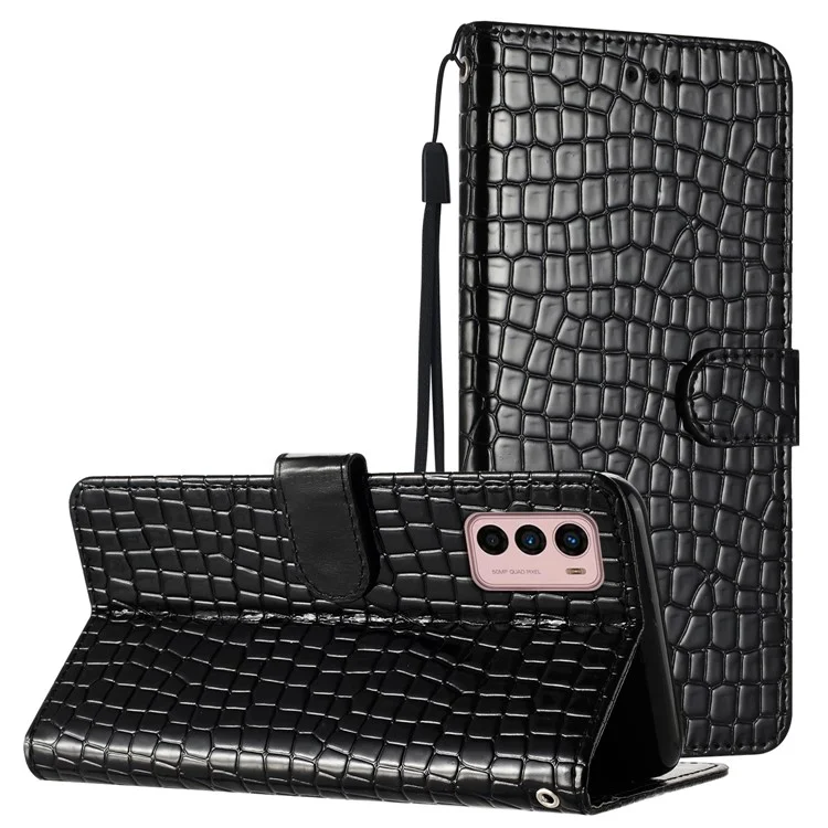 Para Motorola Moto G42 4G Capa de Couro com Textura de Crocodilo e Alça - Preta