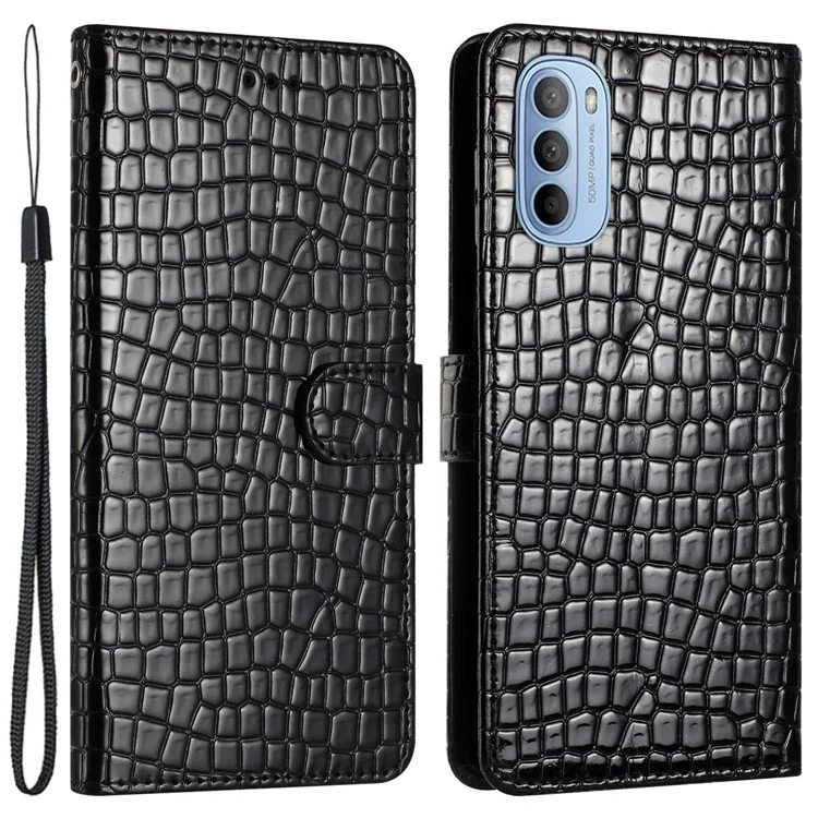 Für Motorola Moto G62 5G Wallet Design PU Leder Handyhülle Krokodilleder-Textur Ständer Klapphülle mit Gurt - Schwarz