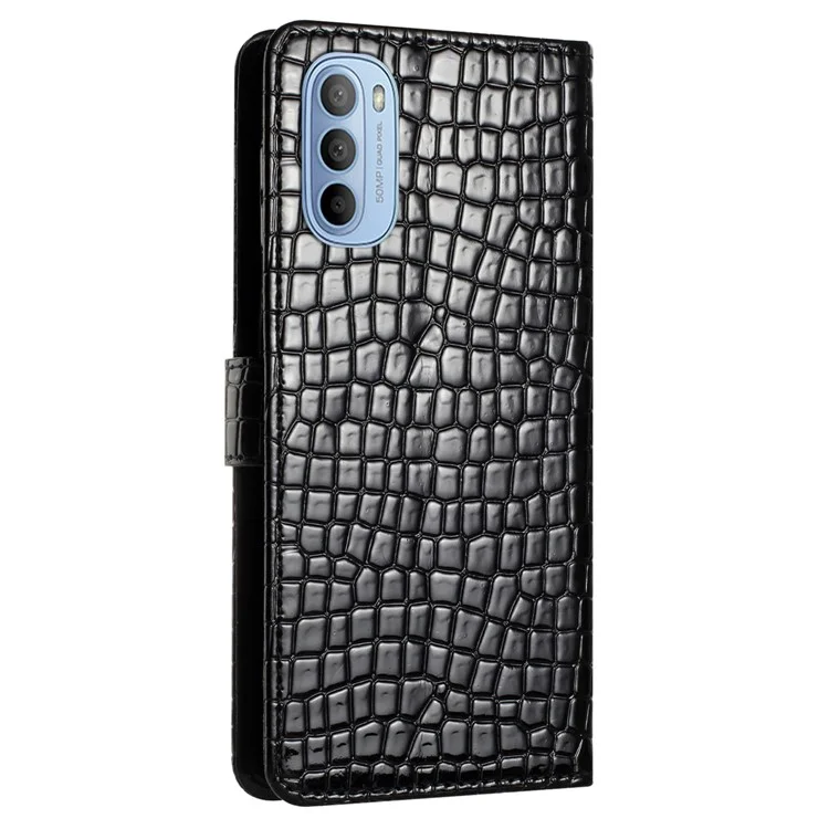 Für Motorola Moto G62 5G Wallet Design PU Leder Handyhülle Krokodilleder-Textur Ständer Klapphülle mit Gurt - Schwarz