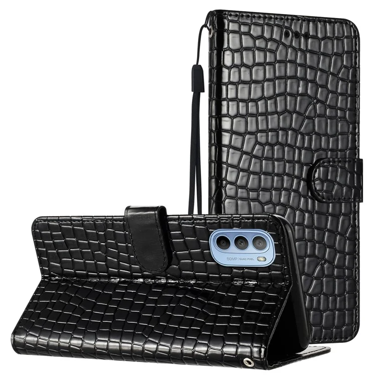 Für Motorola Moto G62 5G Wallet Design PU Leder Handyhülle Krokodilleder-Textur Ständer Klapphülle mit Gurt - Schwarz