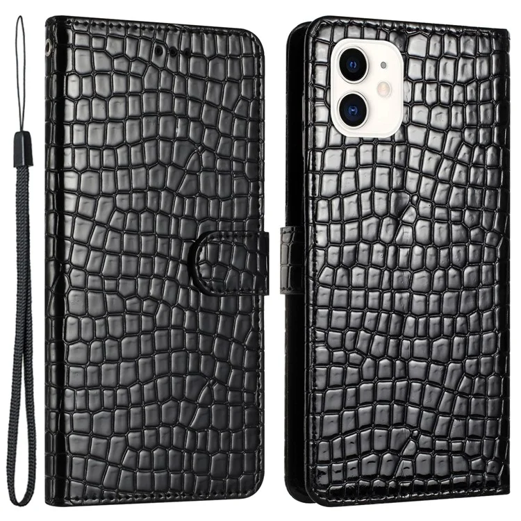 Funda de teléfono para iPhone 12 mini de 5,4 pulgadas, de piel de PU con textura de cocodrilo, con tapa abatible, soporte y correa - Negro
