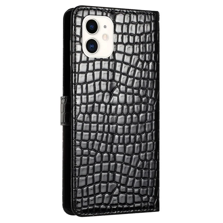 Funda de teléfono para iPhone 12 mini de 5,4 pulgadas, de piel de PU con textura de cocodrilo, con tapa abatible, soporte y correa - Negro