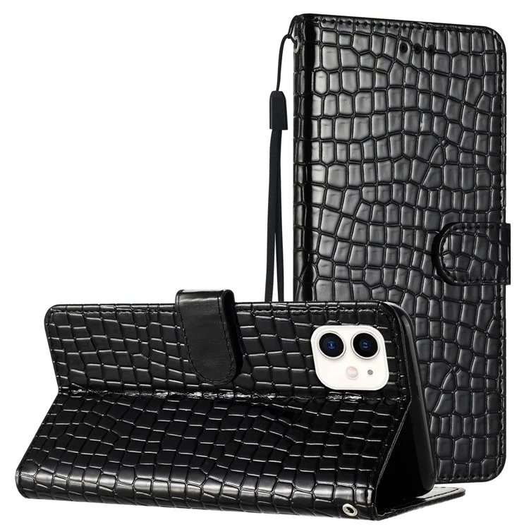 Funda de teléfono para iPhone 12 mini de 5,4 pulgadas, de piel de PU con textura de cocodrilo, con tapa abatible, soporte y correa - Negro