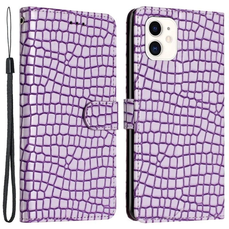 Phone Case for iPhone 12 mini 5.4 inch PU Leather Wallet Crocodile Texture Stand Flip Cover with Strap - Purple