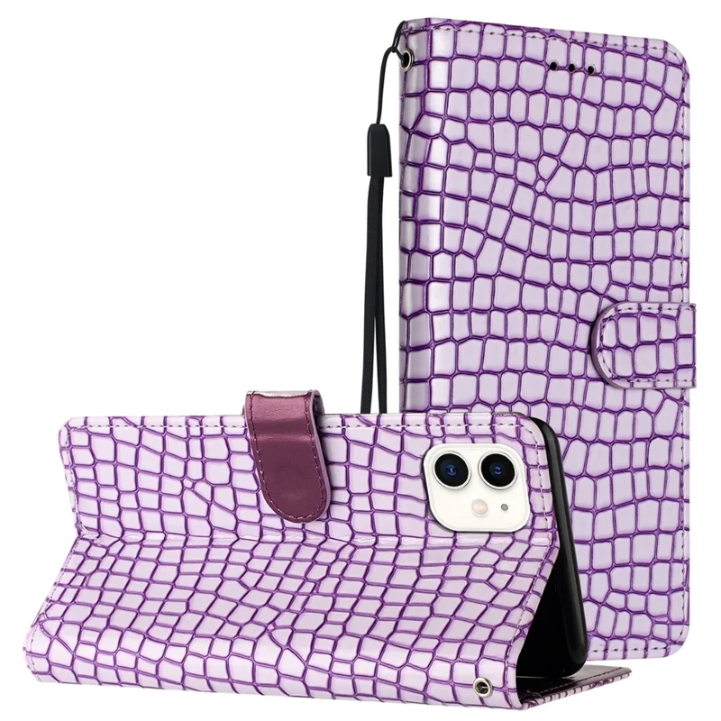 Phone Case for iPhone 12 mini 5.4 inch PU Leather Wallet Crocodile Texture Stand Flip Cover with Strap - Purple