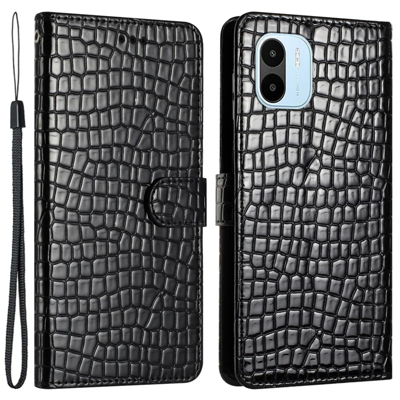 For Xiaomi Redmi A1 4G / A2 4G PU Leather Wallet Phone Case Crocodile Texture Stand Flip Cover with Strap - Black