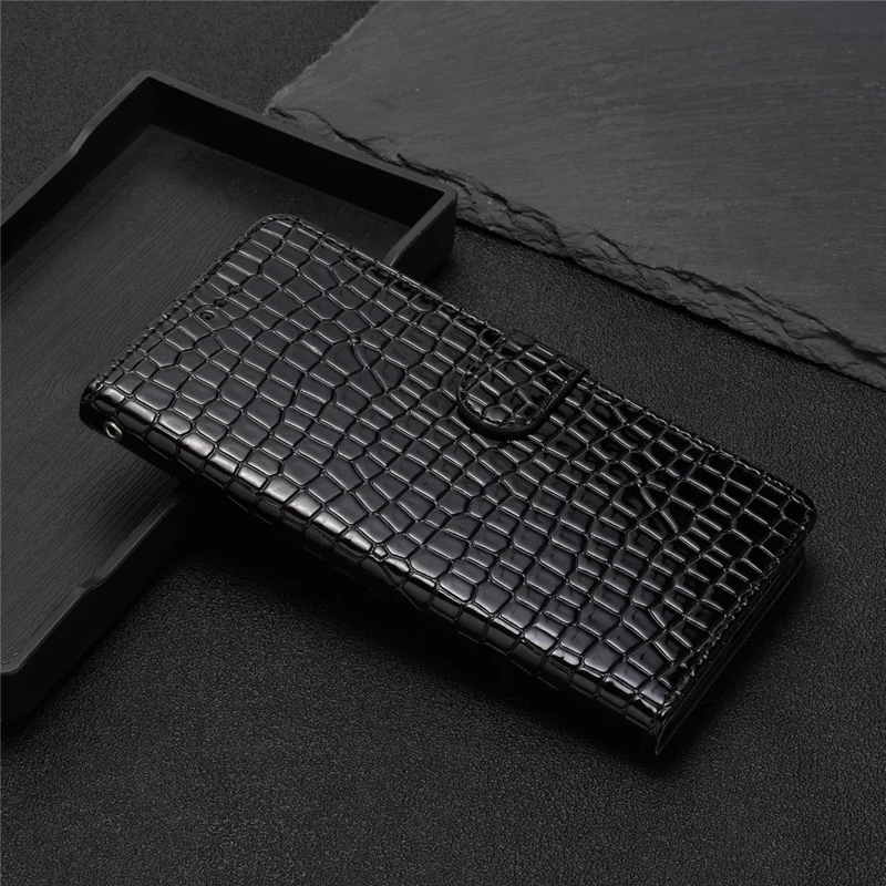 For Xiaomi Redmi A1 4G / A2 4G PU Leather Wallet Phone Case Crocodile Texture Stand Flip Cover with Strap - Black