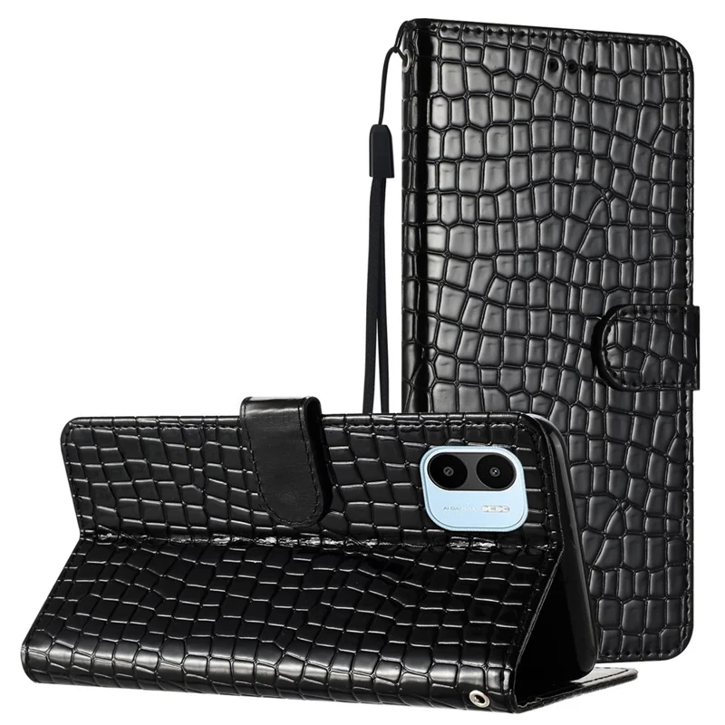 For Xiaomi Redmi A1 4G / A2 4G PU Leather Wallet Phone Case Crocodile Texture Stand Flip Cover with Strap - Black