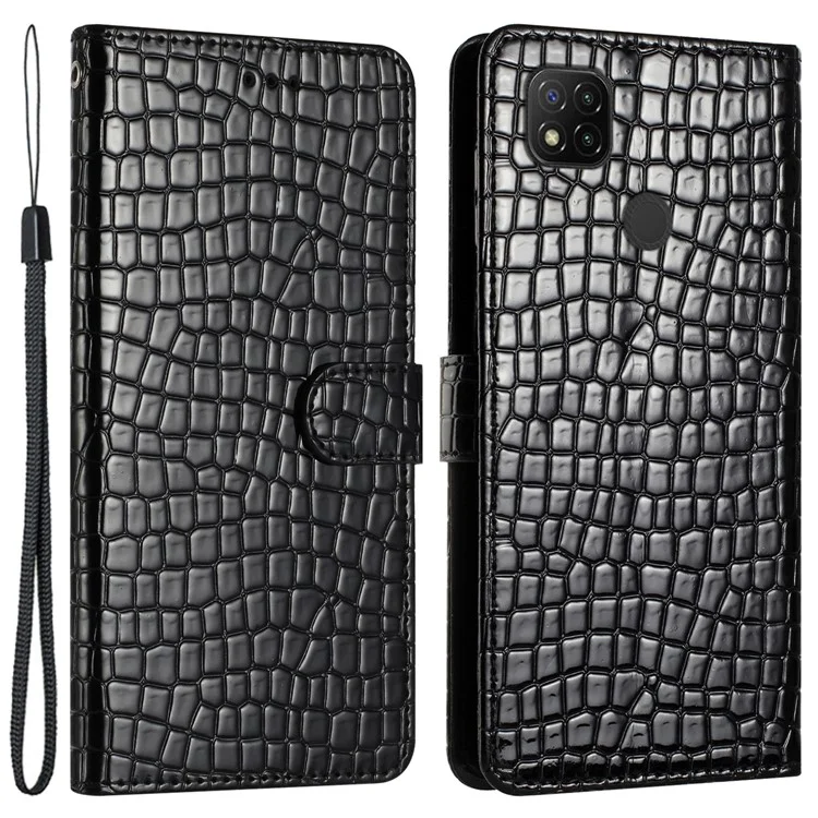 Pour Xiaomi Redmi 10A Étui en cuir PU Texture Crocodile Étui portefeuille avec support et sangle - Noir