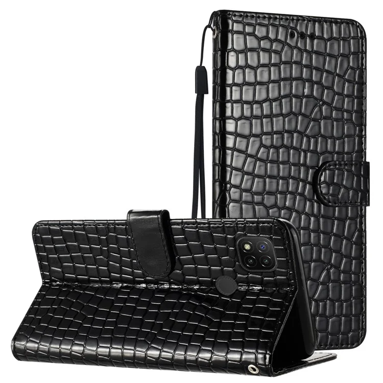 Pour Xiaomi Redmi 10A Étui en cuir PU Texture Crocodile Étui portefeuille avec support et sangle - Noir