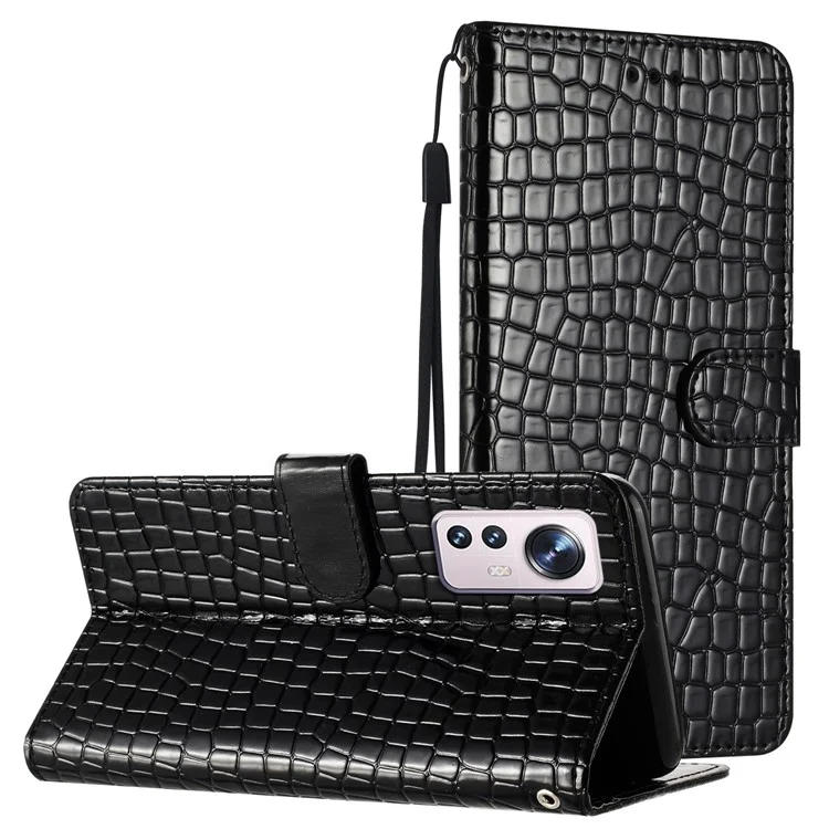 Für Xiaomi 12 Lite 5G Wallet Phone Case Crocodile Texture PU Leather Flip Cover mit Strap - Schwarz