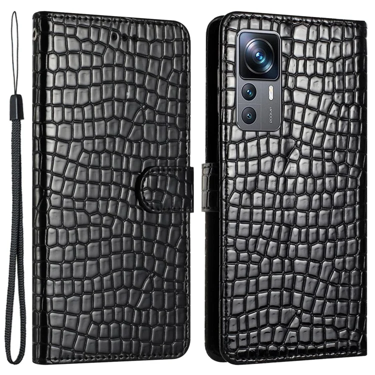 Para Xiaomi 12T 5G / 12T Pro 5G / Redmi K50 Ultra Capa Flip de Couro PU com Textura de Crocodilo e Alça - Preto