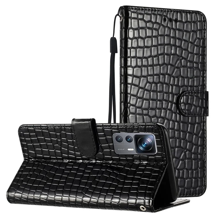 Para Xiaomi 12T 5G / 12T Pro 5G / Redmi K50 Ultra Capa Flip de Couro PU com Textura de Crocodilo e Alça - Preto