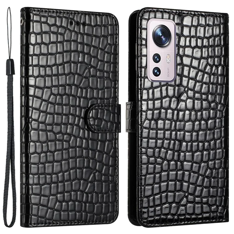 Противоударный чехол для Xiaomi 12 Pro 5G / 12S Pro 5G / 12 Pro (Dimensity) 5G с текстурой под крокодила, кожаный бумажник с ремешком - черный