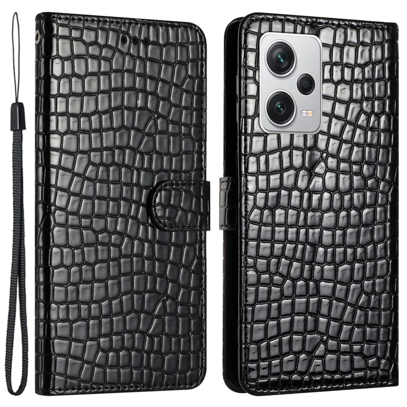 Voor Xiaomi Redmi Note 12 Pro 5G / Poco X5 Pro 5G / Redmi Note 12 Pro Speed 5G Anti-Drop Telefoonhoesje Crocodile-structuur PU Leren Portemonnee Cover met Riempje - Zwart