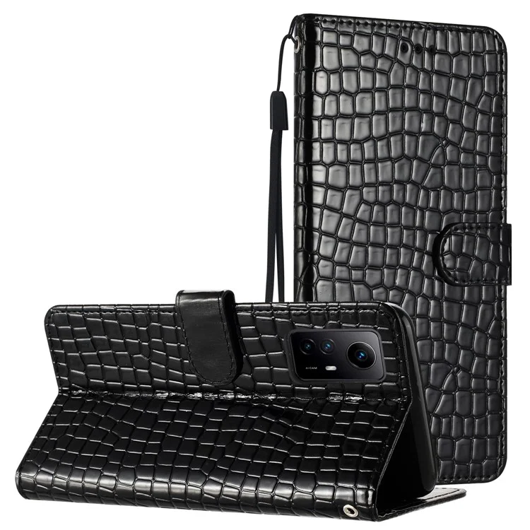 Pour Xiaomi Redmi Note 12S 4G Étui en cuir PU Texture crocodile Support portefeuille avec sangle - Noir