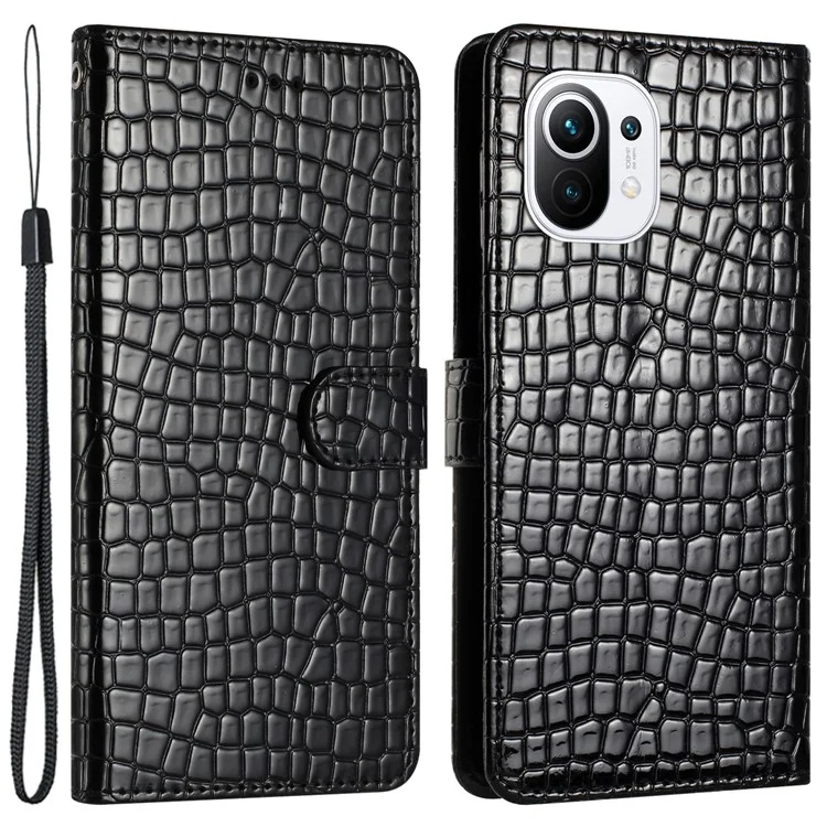 Wallet Phone Case for Xiaomi Mi 11 Lite 4G / 5G / 11 Lite 5G NE , PU Leather Crocodile Texture Flip Stand Cover with Strap - Black