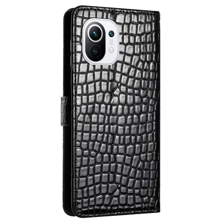 Wallet Phone Case for Xiaomi Mi 11 Lite 4G / 5G / 11 Lite 5G NE , PU Leather Crocodile Texture Flip Stand Cover with Strap - Black