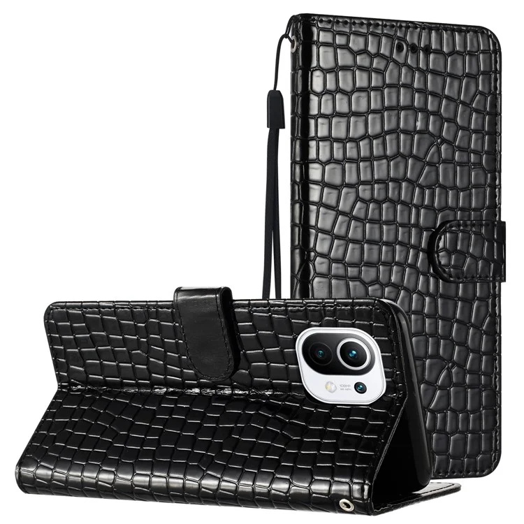Wallet Phone Case for Xiaomi Mi 11 Lite 4G / 5G / 11 Lite 5G NE , PU Leather Crocodile Texture Flip Stand Cover with Strap - Black