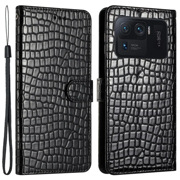 PU Leather Case for Xiaomi Mi 11 Ultra , Crocodile Texture Wallet Stand Phone Cover with Strap - Black