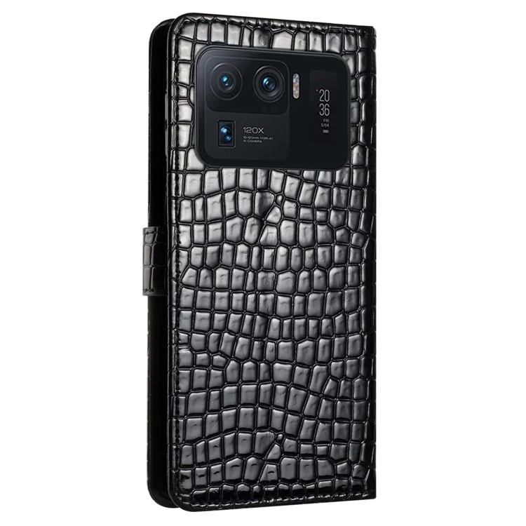 PU Leather Case for Xiaomi Mi 11 Ultra , Crocodile Texture Wallet Stand Phone Cover with Strap - Black