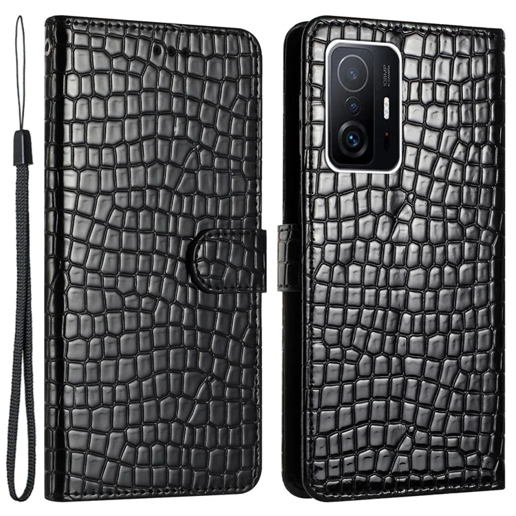 Wallet Leather Phone Case for Xiaomi 11T 5G / 11T Pro 5G , Crocodile Texture Flip Stand Cover with Strap - Black