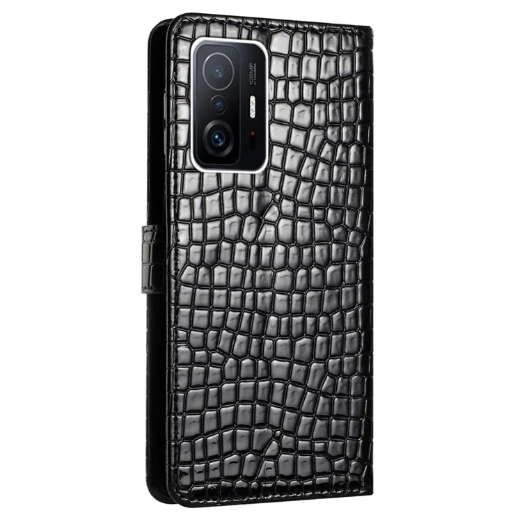 Wallet Leather Phone Case for Xiaomi 11T 5G / 11T Pro 5G , Crocodile Texture Flip Stand Cover with Strap - Black