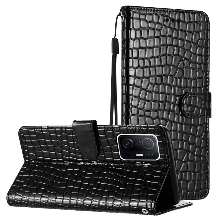 Wallet Leather Phone Case for Xiaomi 11T 5G / 11T Pro 5G , Crocodile Texture Flip Stand Cover with Strap - Black