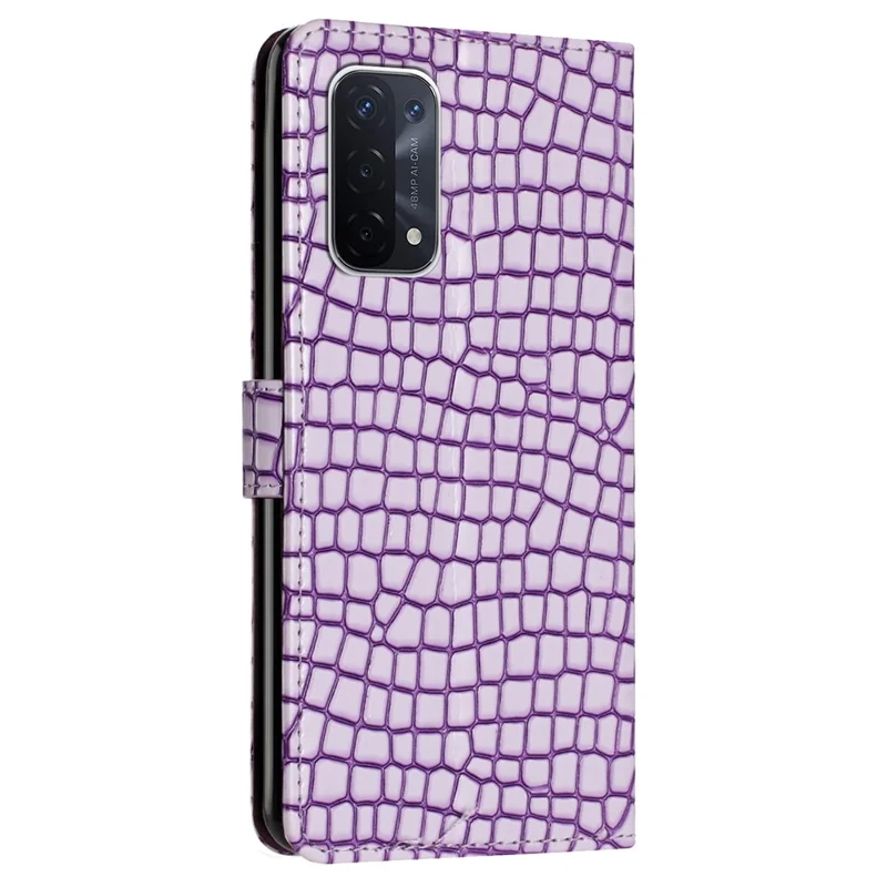For Oppo A74 5G / A54 5G / A93 5G Cellphone Guard Stand Cover Crocodile Texture Leather Wallet Case with Strap - Purple
