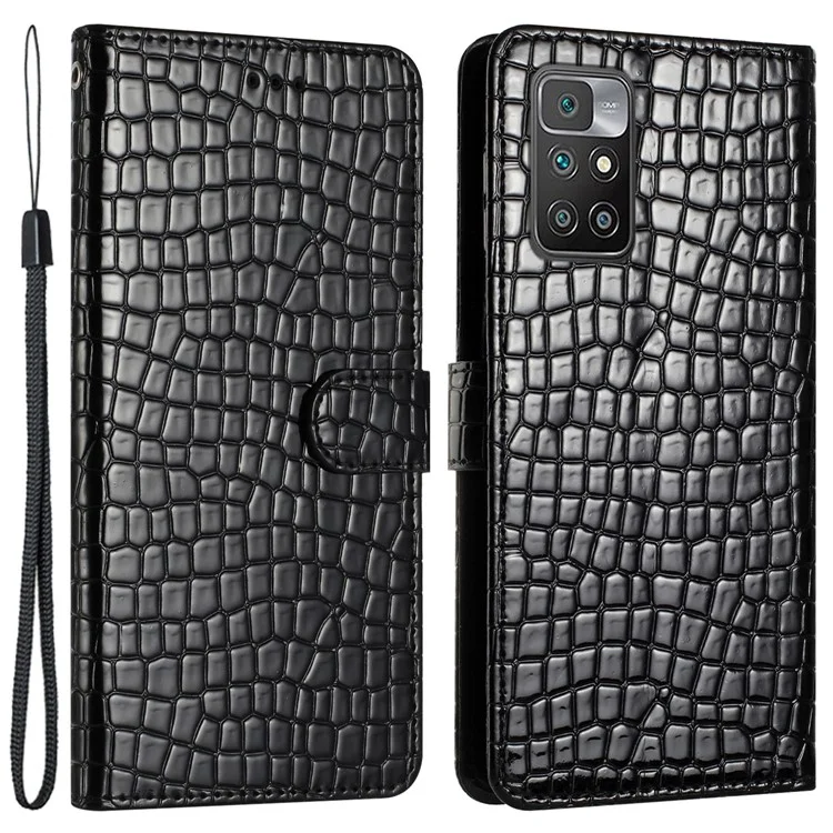 Leather Shell for Xiaomi Redmi 10 2022 4G / 10 4G (2021) / 10 Prime / Note 11 4G (MediaTek) Wallet Stand Cover Crocodile Texture Phone Case - Black