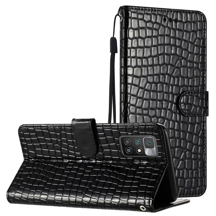 Leather Shell for Xiaomi Redmi 10 2022 4G / 10 4G (2021) / 10 Prime / Note 11 4G (MediaTek) Wallet Stand Cover Crocodile Texture Phone Case - Black