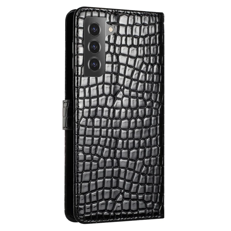 For Samsung Galaxy S21 4G / 5G Well-protected Stand Cover Crocodile Texture Leather Wallet Phone Case with Strap - Black