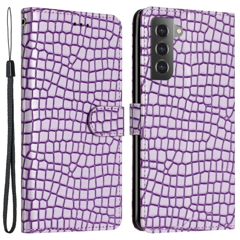 For Samsung Galaxy S21 4G / 5G Well-protected Stand Cover Crocodile Texture Leather Wallet Phone Case with Strap - Purple