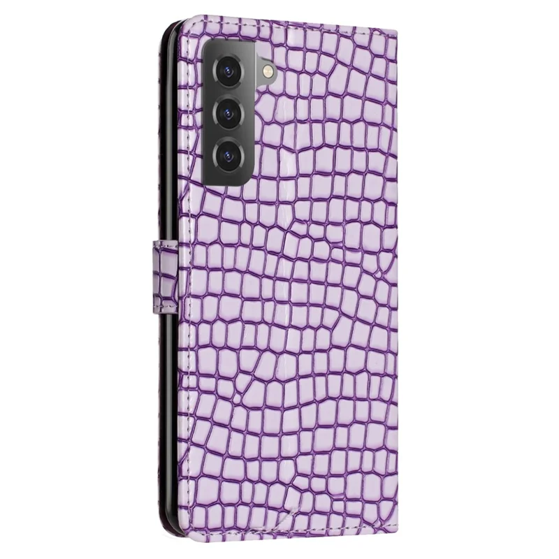 For Samsung Galaxy S21 4G / 5G Well-protected Stand Cover Crocodile Texture Leather Wallet Phone Case with Strap - Purple