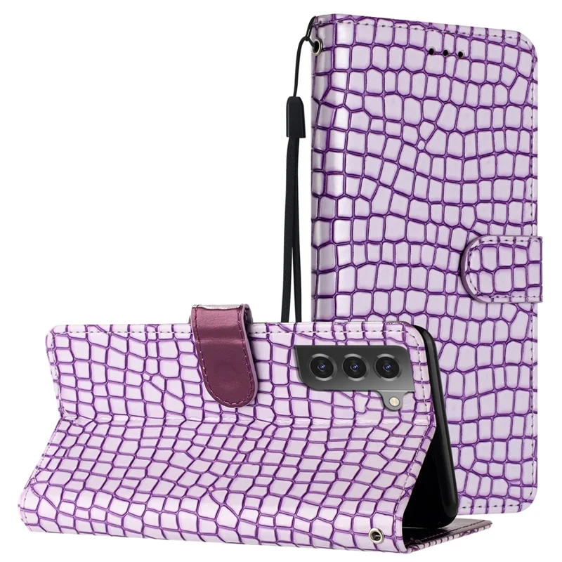 For Samsung Galaxy S21 4G / 5G Well-protected Stand Cover Crocodile Texture Leather Wallet Phone Case with Strap - Purple