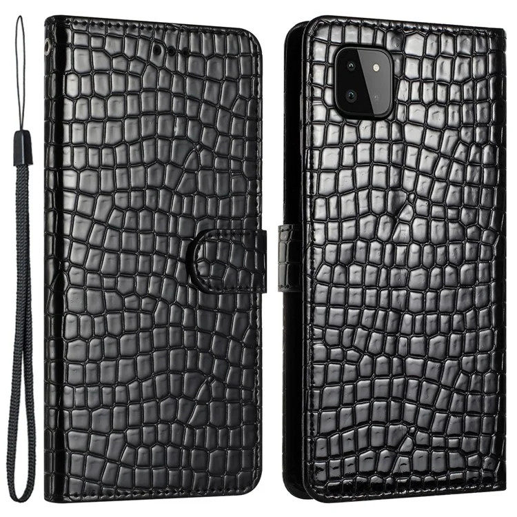 Para Samsung Galaxy A22 5G (Versão UE) Capa de Telefone de Carteira de Couro Texture Crocodile Stand Flip Cover com Alça - Preto
