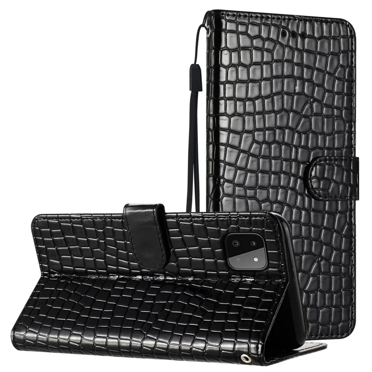 Para Samsung Galaxy A22 5G (Versão UE) Capa de Telefone de Carteira de Couro Texture Crocodile Stand Flip Cover com Alça - Preto