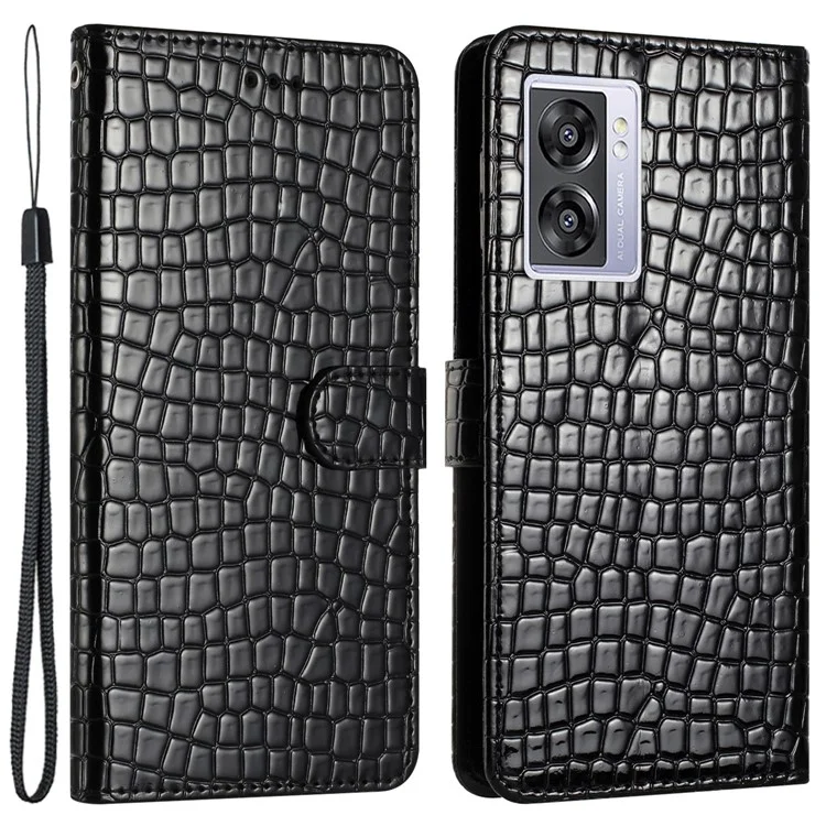 Pour Oppo A57 (2022) 5G / A77 5G Housse en cuir PU Texture crocodile Portefeuille Téléphone avec support Étui avec sangle - Noir