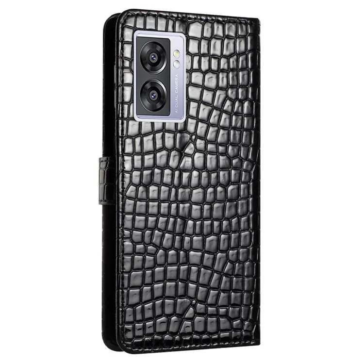 Pour Oppo A57 (2022) 5G / A77 5G Housse en cuir PU Texture crocodile Portefeuille Téléphone avec support Étui avec sangle - Noir