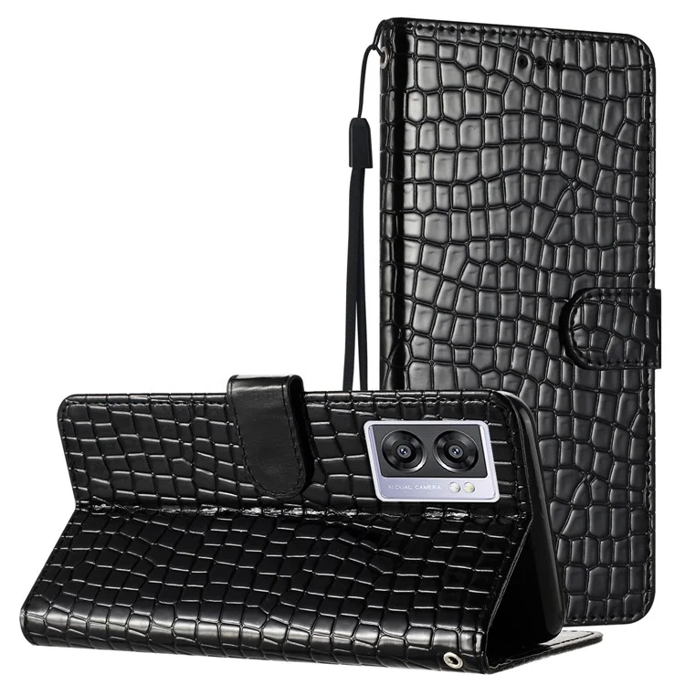 Pour Oppo A57 (2022) 5G / A77 5G Housse en cuir PU Texture crocodile Portefeuille Téléphone avec support Étui avec sangle - Noir